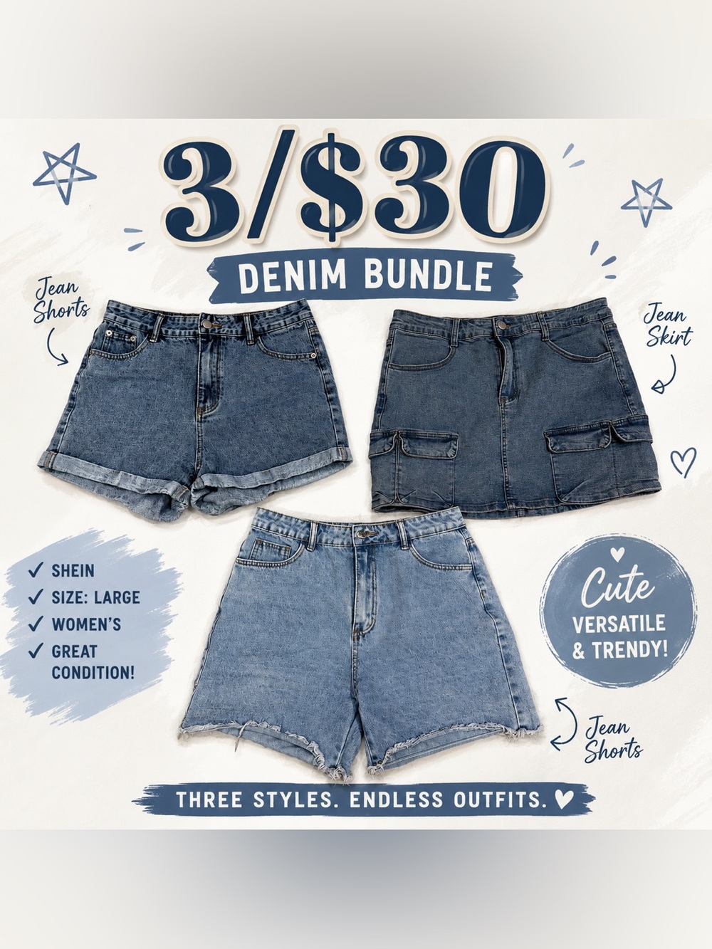 3/$30!! Denim Bundle SHEIN Women’s Shorts & Skirt Light Medium Wash Size Large